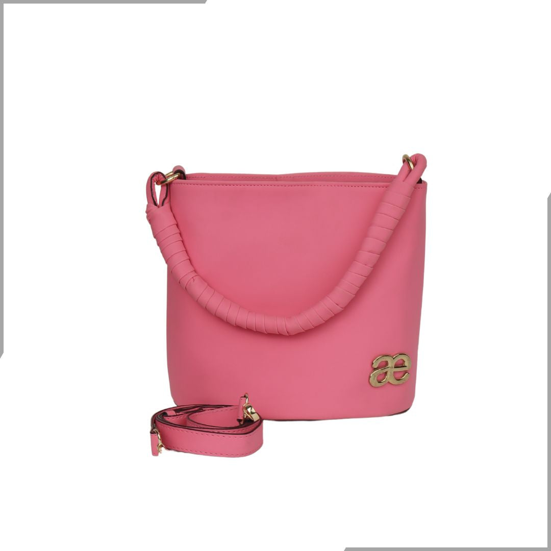Aegte Barbie Pink Bucket Handbag with handwoven Cuff Hold & Long Sling Carry Belt (7880021016789)