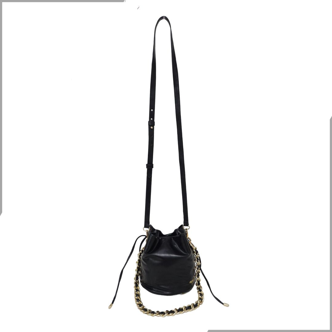 Aegte Soft Black Potli Round Bag with Golden Convertible Chain Strap & Long Sling Carry Belt (7870773985493)