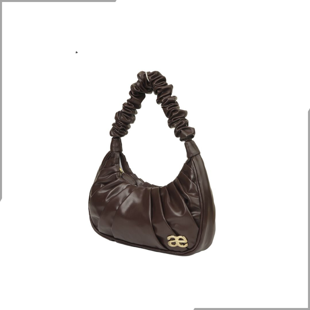 Aegte Ruffle Strap Chocolaty Brown Shoulder Bag /  Pleated Handbag (7870654906581)