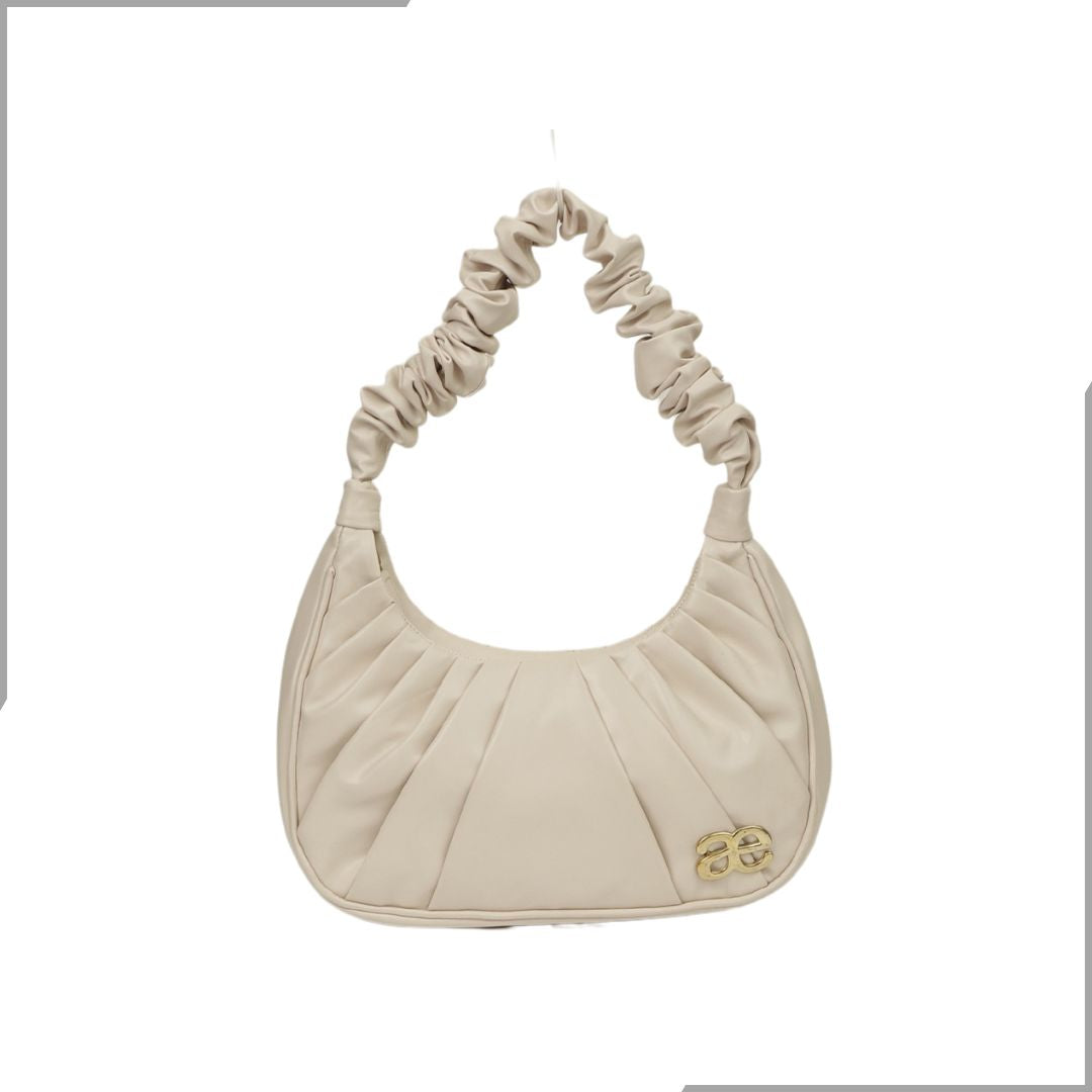 Aegte Ruffle Strap Silky Cream Shoulder Bag   Pleated Handbag (7870724145365)