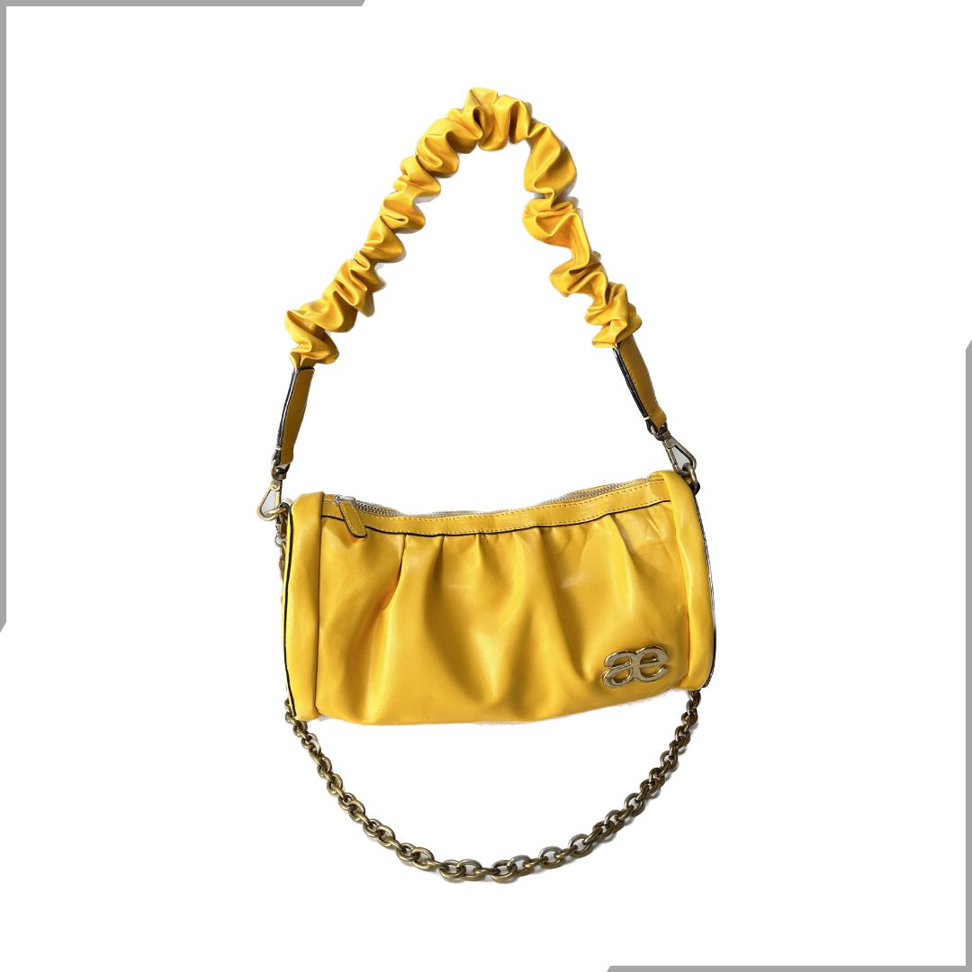 Aegte Sunny Yellow Pleated Duffle Bag with detachable Ruffled Handle and Long Chain Carry (7933349429461)