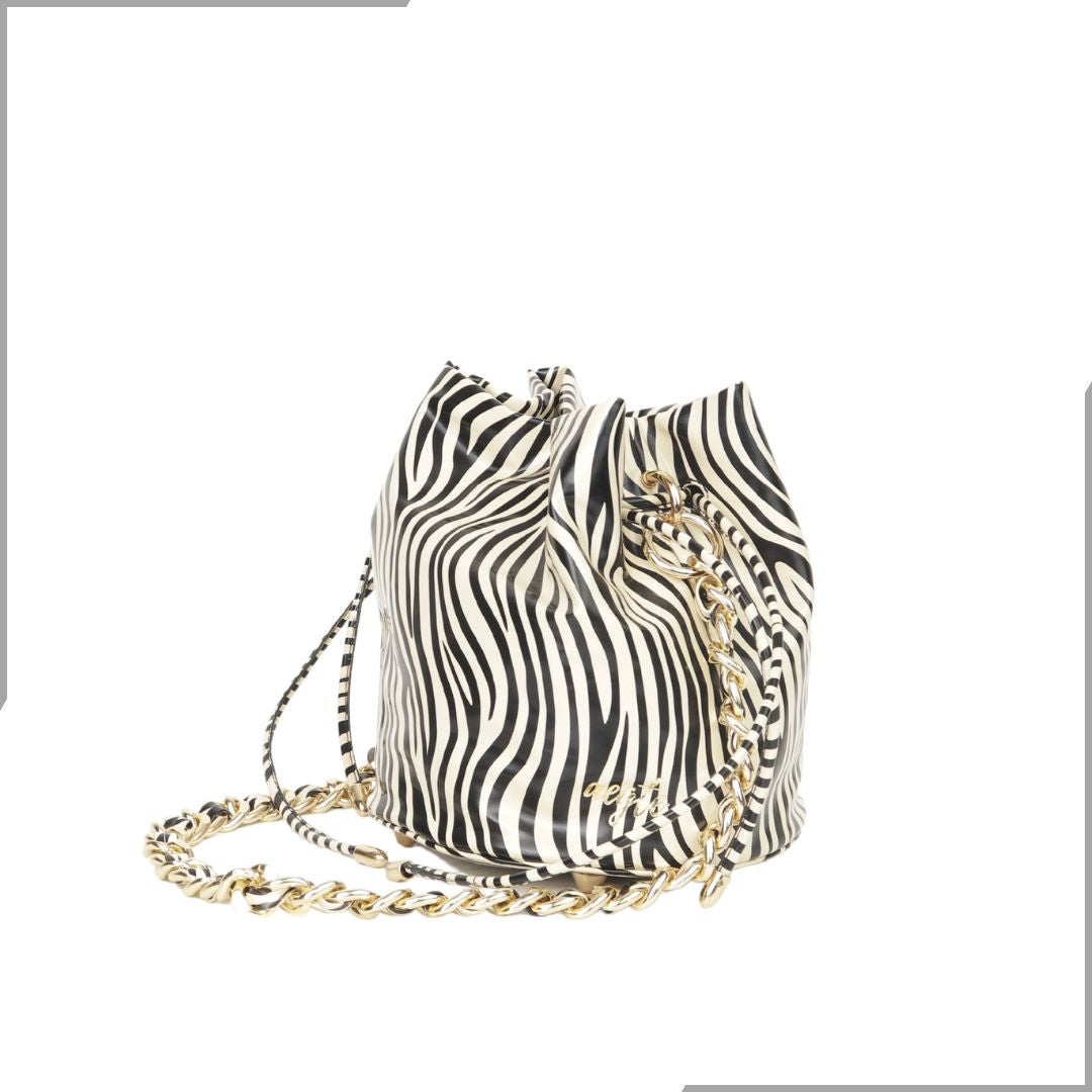 Aegte Zebra Print Potli Round Bag with Golden Convertible Chain Strap & Long Sling Carry Belt (7870759534805)