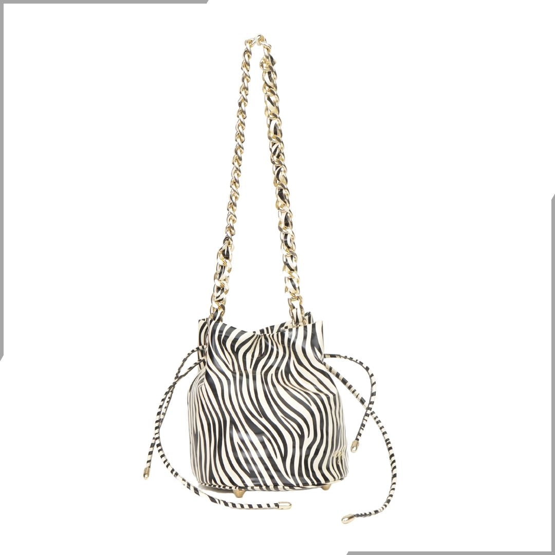 Aegte Zebra Print Potli Round Bag with Golden Convertible Chain Strap & Long Sling Carry Belt (7870759534805)