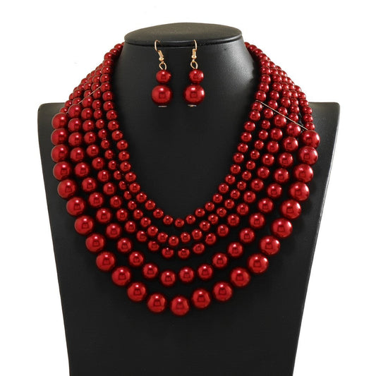 ReybyRupali Lady in Red Pearl Drop Earrings & Necklace Set